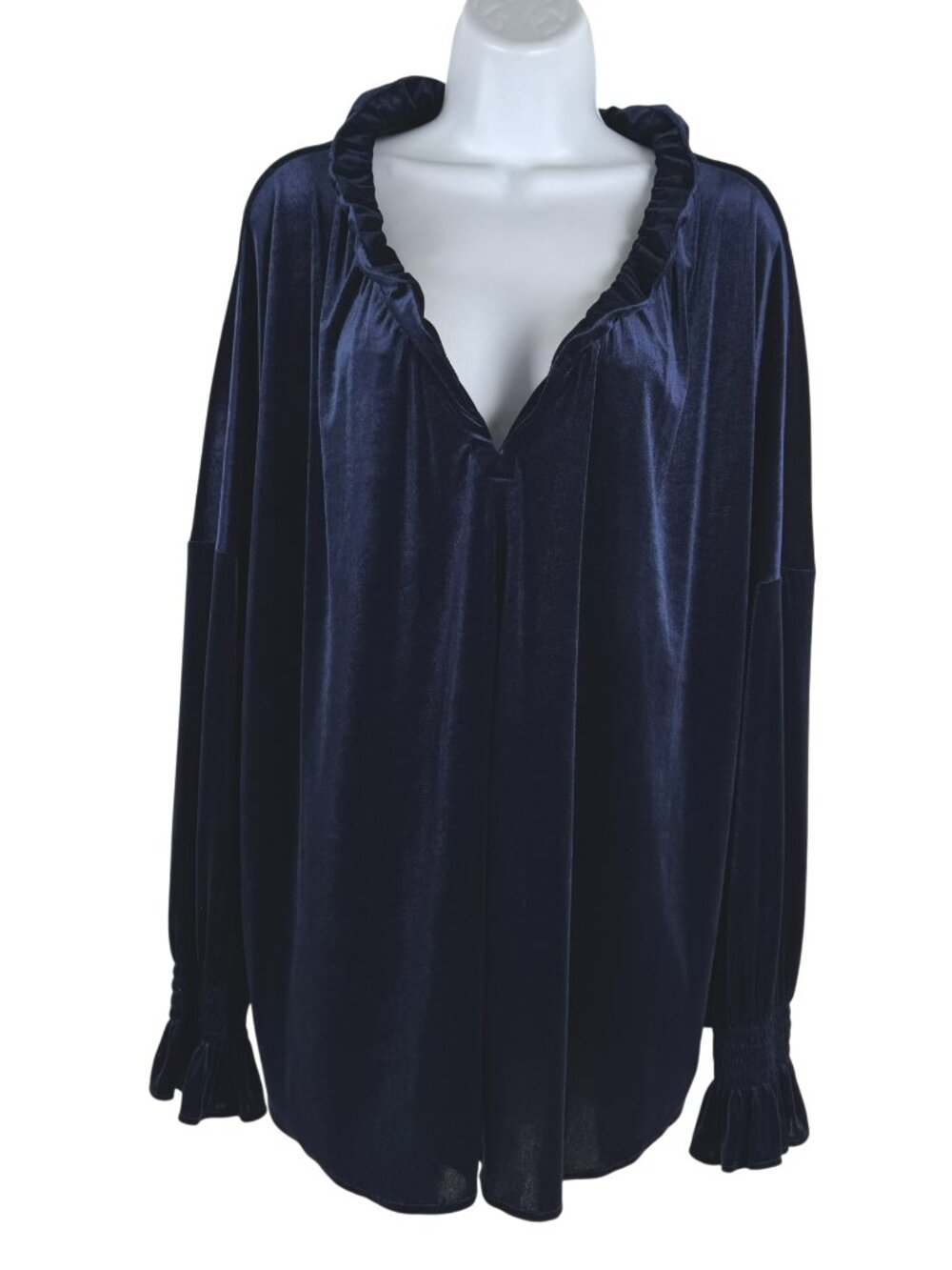 Finley Velvet Top Womens 1X Navy Blue Long Sleeve Ruffle Holiday TP-4020